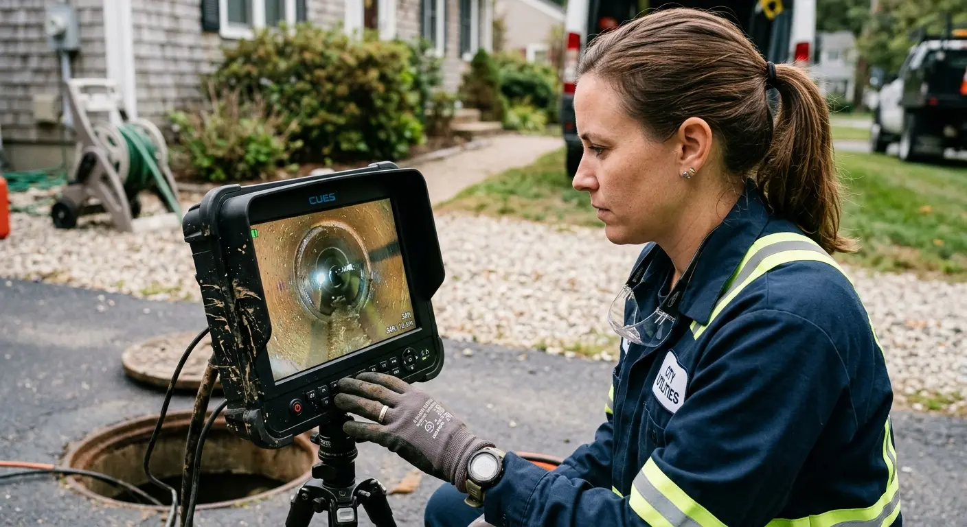 Technician reviewing sewer camera inspection footage in Quincy