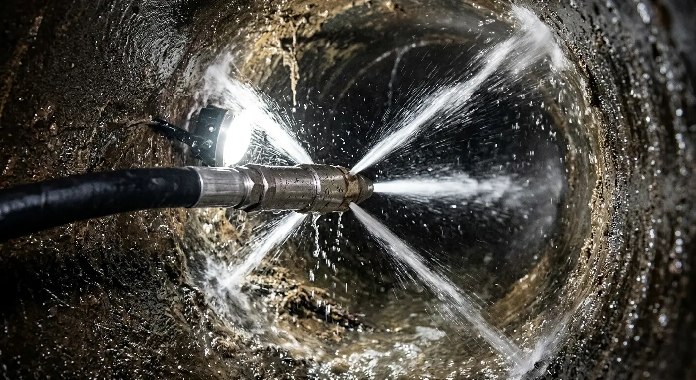 High-pressure hydro jetting nozzle cleaning sewer pipe for Emergency Drain Service in Quincy