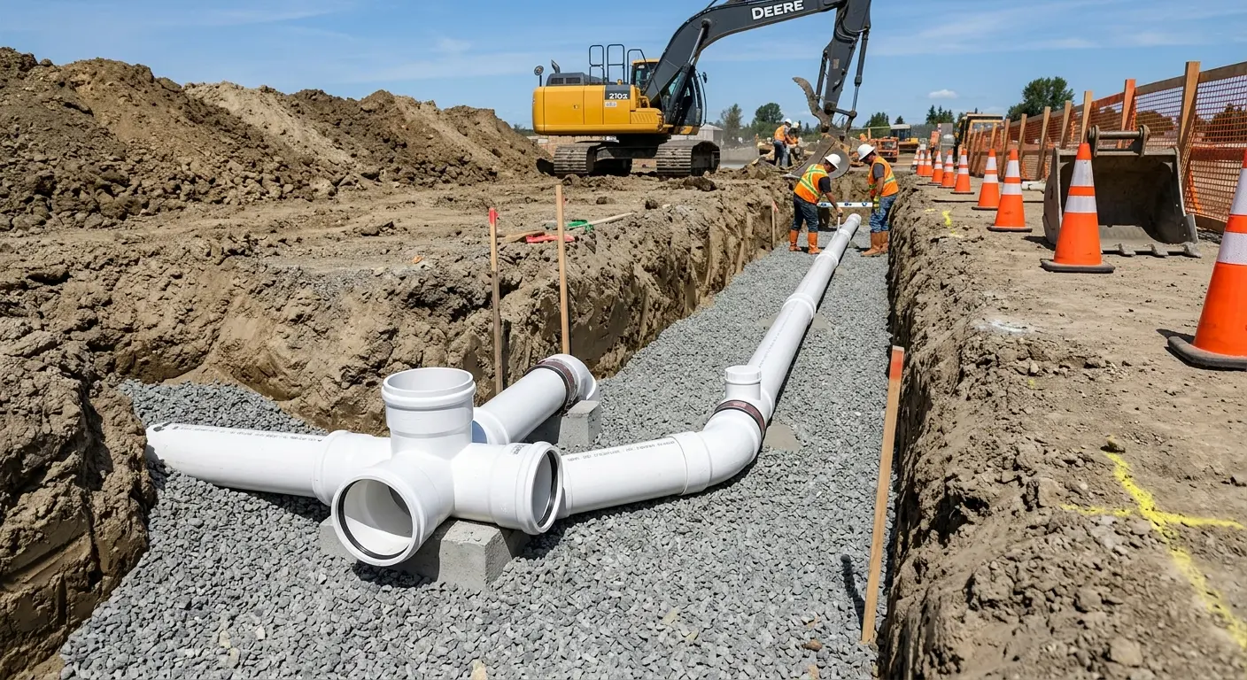 New PVC sewer pipe installation in open trench for Sewer Backup in Quincy