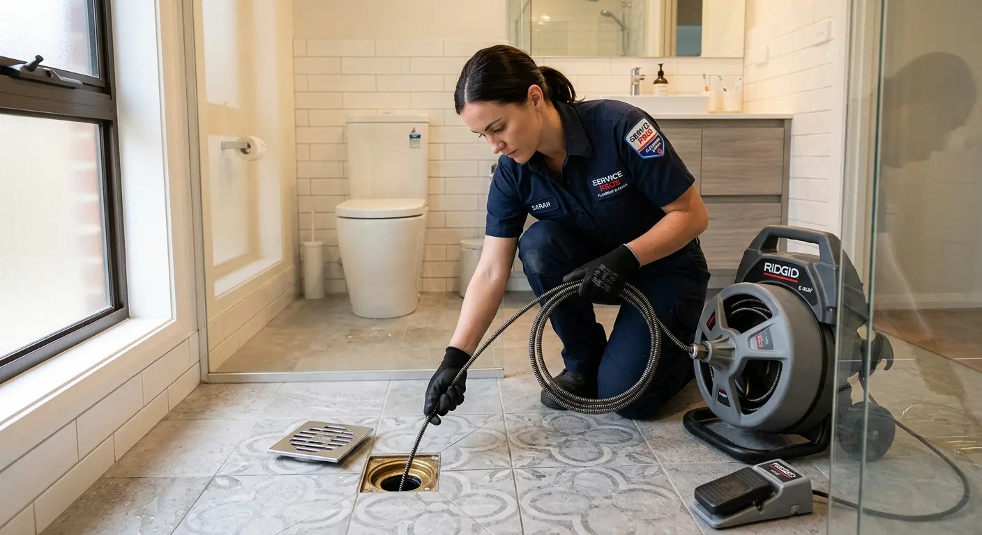 Technician clearing a bathroom floor drain for Drain Cleaning in Quincy
